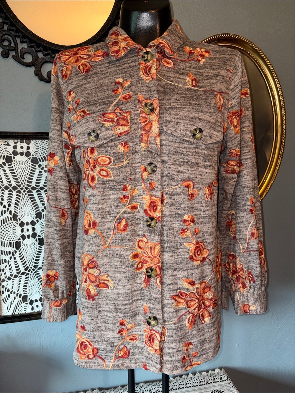 Grey Floral Button-Down Shirt Jacket - Women's